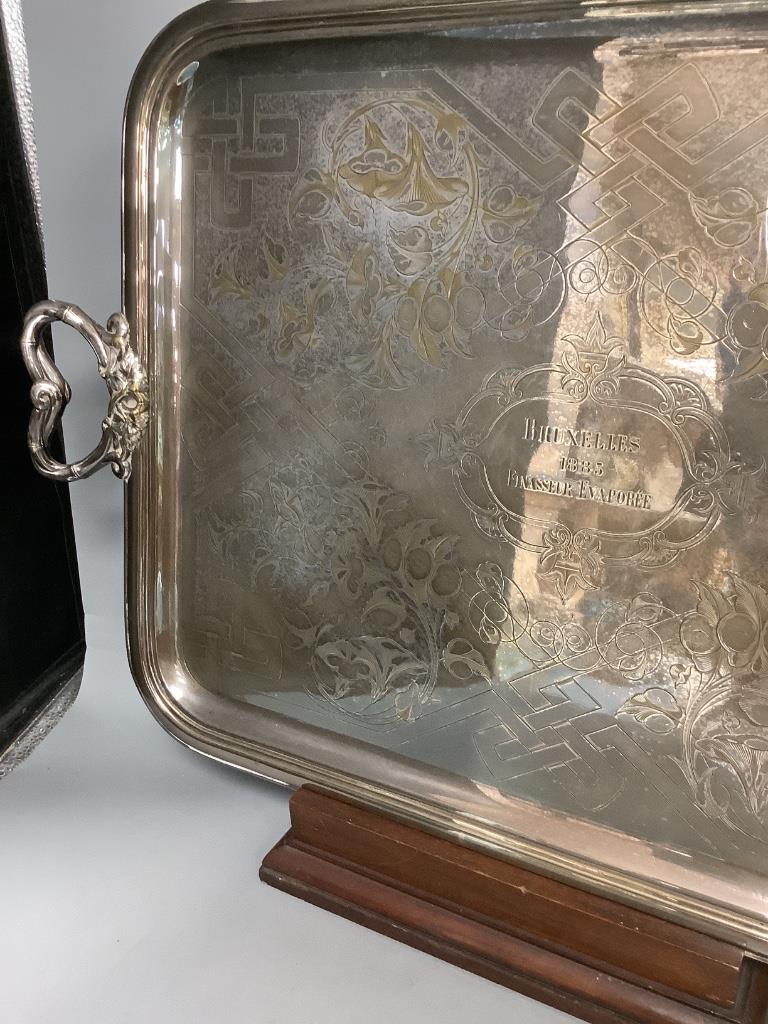 A French silver plated 'Bruxelles 1885' tray and stand